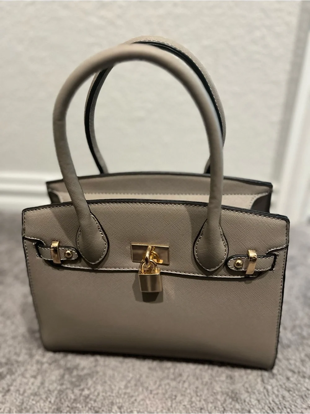 Structured Taupe Satchel with Gold Lock and Wallet